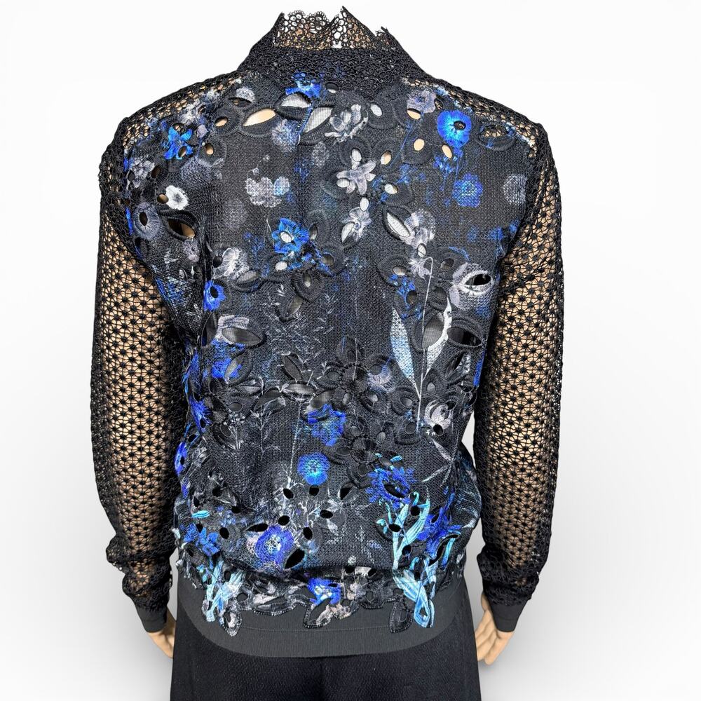 Elie Tahari Womens Brandy Floral Lace Bomber Jacket Sheer Black Blue XS - Picture 6 of 13